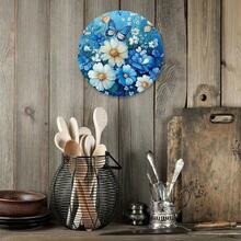 Vintage Blue And White Floral Tin Sign - Reusable Aluminum Round Metal Wall Decoration Home And Bar, Garland Sign, Various Floral Patterns, Room Decoration - 彩色 - 查看 7