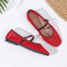 Giày ba lê lưới cho nữ, mũi vuông thoáng khí, đế mềm thoải mái thời trang - Đỏ - Xem 3