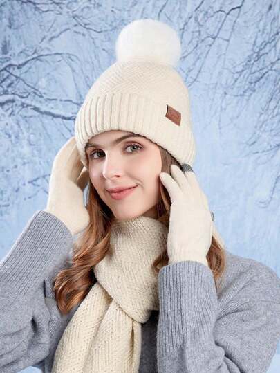 مجموعة قبعة محبوكة شتوية للنساء، وشاح طويل، وقفازات لشاشة اللمس، بطانة سميكة مزدوجة، قماش مطبوع مع كرة من الفرو الاصطناعي، مناسبة للتزلج والسفر والقيادة والمواعيد والهدايا والاستخدام اليومي في الشتاء، هدية عيد الحب