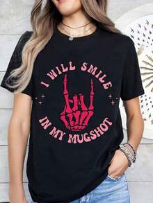 Camiseta gráfica de mezcla de rayón suave para mujeres - Cuando se trata de mí, dispararé, impresión de letras, camiseta casual de cuello redondo de manga corta, diseño negro y rosa, lavable a máquina, camisetas lindas - Negro - Ver 1