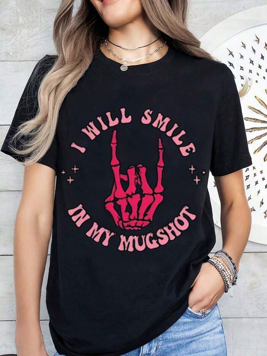 Camiseta gráfica de mezcla de rayón suave para mujeres - Cuando se trata de mí, dispararé, impresión de letras, camiseta casual de cuello redondo de manga corta, diseño negro y rosa, lavable a máquina, camisetas lindas - Negro - Ver 1