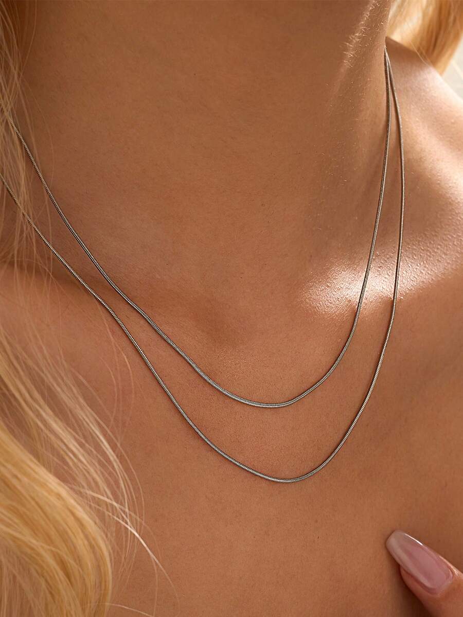 Nooxian 2pcs/set Minimalist Chain Necklace - Silver - View 1