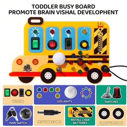 Montessori Toddler Activity Board - Cartoon Bus Busy Board, Educational Sensory Toy With Light Switch, Plug, Buttons And Sounds, Early Learning Toy, Fine Motor Skills Development, Birthday Gift, Travel Toy, Christmas Gift