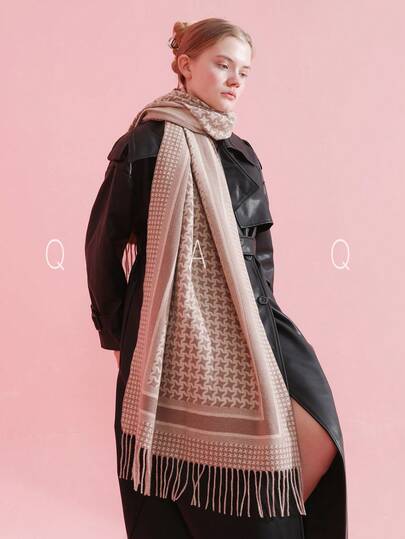 1 szt. damski szalik z kaszmiru w pepitkę, dwustronny, gruby i ciepły, jesienno-zimowy, z frędzlami na krawędziach, w kolorze makaronikowym, modny szalik/szal, odpowiedni na zewnątrz, do biura, na ulicę, do fotografii, na zakupy, na imprezę, jako prezent świąteczny, do dopasowania stroju