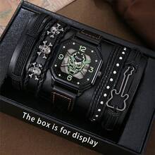 5pcs Men's Gift Set: Skeleton Dial Luminous Pointer Street Fashion PU Strap Quartz Watch, Skeleton Bracelet, Suitable For Gifts, Festivals