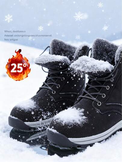 1 par (tallas 39-48) de botas de nieve negras de PU para mujer, forradas térmicamente y con aislamiento grueso. Botas de nieve para hombre, nuevo estilo de otoño e invierno, se pueden usar en interiores como el hogar u oficina, y también son adecuadas para actividades al aire libre como senderismo, montañismo, todoterreno y otras.