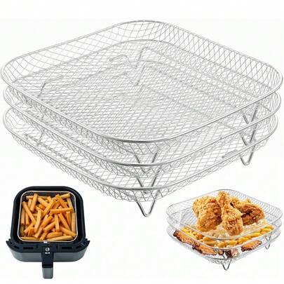 1/3pcs Stackable Stainless Steel Air Fryer Rack, Multi-Layer Dehydrator Tray, Suitable For Air Fryer, Microwave, Steamer, Reusable
