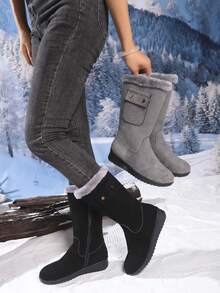 Botas de nieve hasta la pantorrilla para mujer, forro de felpa grueso, tacón de cuña, material cálido y suave, cremallera lateral, punta redonda, botas versátiles para exteriores (corre un tamaño talla grande pequeño)