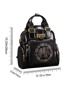 Bolso de mano negro para mujer con patrón de diamantes calientes con elefante y cremallera dorada. Mochila de gran capacidad. Estilo de moda de lujo multifuncional con múltiples bolsillos. Adecuado para fiestas, cenas, actividades al aire libre y viajes.