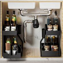 [Space-Saving Sink Organizer] Large Capacity Double Layer Pull-Out Sink Storage Rack Organizer | Space-Saving Under-Sink Shelf For Kitchen & Bathroom, Durable Plastic/Metal Design Holds 10-12 Inch Pipes, Black/White, Compact Design, Sturdy Construction, Apartment Dwellers - White - View 5