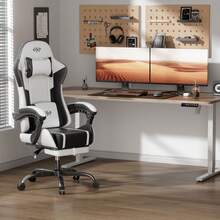 HLDIRECT Gaming Chair With Massage Function, Video Game Chair, Gaming Computer Chair, Ergonomic Chairs For Adults With Headrest And Lumbar Support, Swivel PU Leather Office Chair - 黑與白 - 查看 9