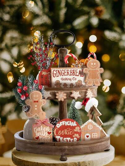 12/7/5/1pc Wood Gingerbread Man Tiered Tray Decor Decorative Christmas Gingerbread Tray Rustic Wood Table Signs Christmas Decor