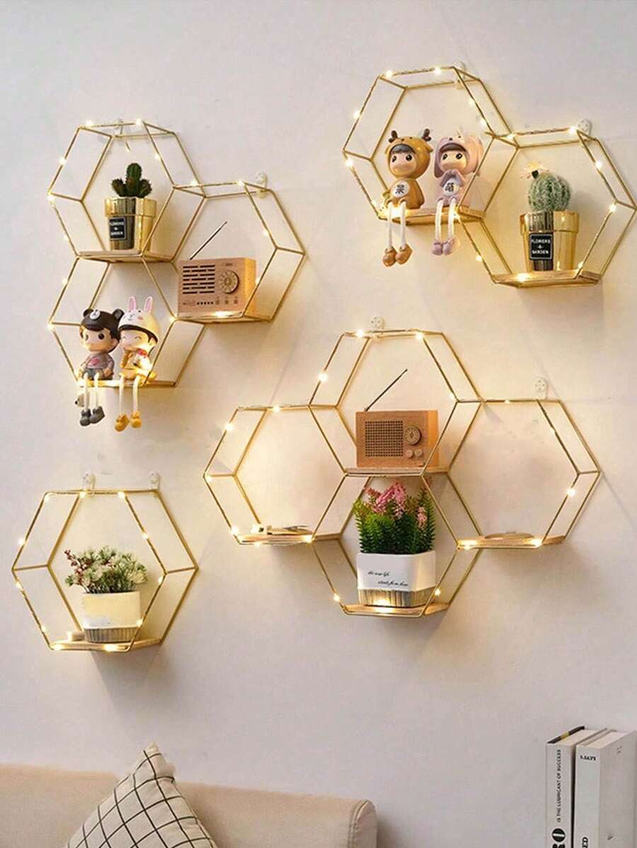 1 pièce Étagère murale hexagonale en métal de style nordique Ins, étagère de rangement murale créative pour le salon, la chambre à coucher