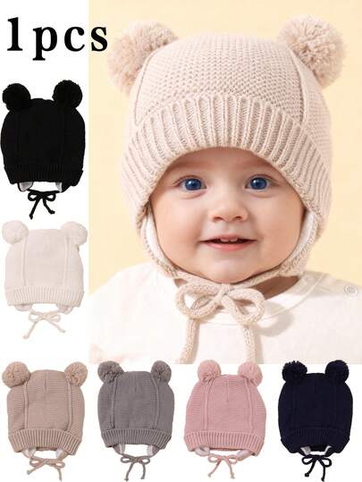 Baby Knitted Hat 1pc Ear-Covering Long Rope Double Pom-Pom Knitted Hat Can Better Protect The Baby Boys And Girls Can Be In Daily Wear In Autumn And Winter