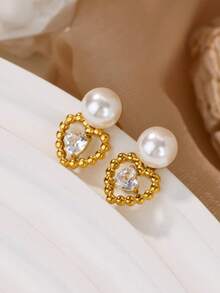 1 pereche elegantă Faux Pearl Zirconia Heart Cercei pentru femei culoare aurie oțel inoxidabil Drop Piercing Ureche Accesorii bijuterii de modă cadou