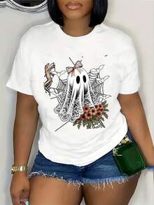Women's Halloween Theme Print, Crew Neck, Short Sleeve Top, Breathable And Casual Tee, Perfect For All Seasons, Perfect For Halloween, Thanksgiving, Christmas, Birthdays, Family Gatherings, Beach Vacations, And Casual Outings.