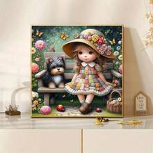 1pc [11.8*11.8in/15.7*15.7in] 5D Acrylic Diamond Painting Kit, Cute Girl Sitting On Bench Pattern, Suitable For Adult Beginner DIY Mosaic Diamond Art, Full Drill Handmade DIY Diamond Painting For Living Room, Bedroom, Office Wall Decor, Surprise Art Home Decor Gift For Family And Friends - Multicolor - View 3