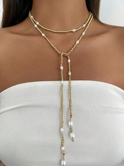 1 pieza Collar largo de moda con perlas falsas y geometría CCB, joyería lujosa y elegante para uso diario/fiesta, regalo para mujeres