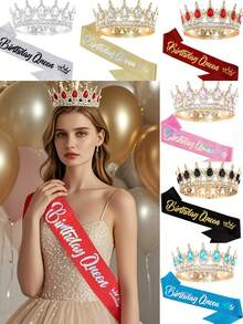 2pcs/Set Shiny Metallic Crown + Shoulder Strap "Birthday Queen" Set, Bridal Crown Headpiece, Suitable For Birthday Party, Wedding, Christmas Party, Masquerade Ball, Women Costume Accessories, Coronas, Tiara, Hair Garland, Bride To Be