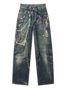 Spring And Autumn Fashion Versatile Candy Chain Printed Unisex Curved Knife Jeans Pants - 藍色 - 查看 1