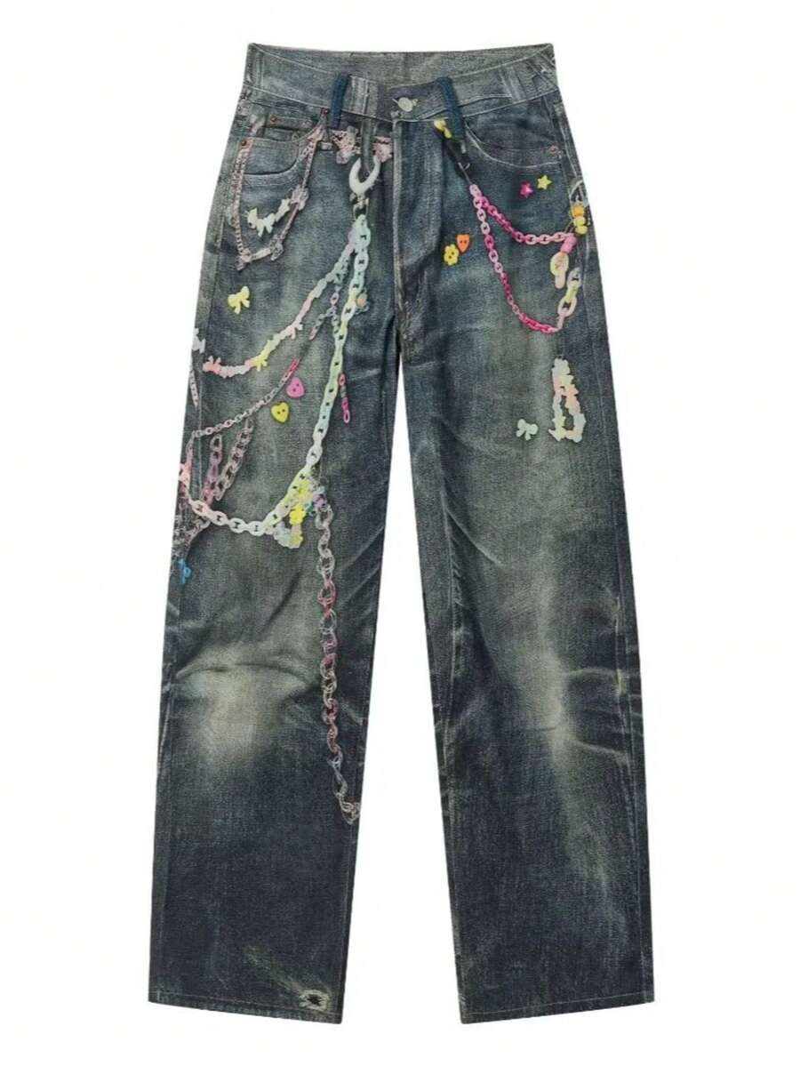 Spring And Autumn Fashion Versatile Candy Chain Printed Unisex Curved Knife Jeans Pants - 藍色 - 查看 1