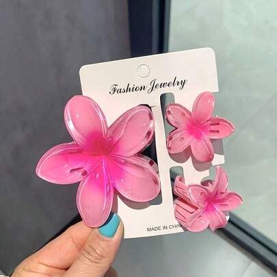 3 Large Flower Hair Clips For Women - Elegant, Simple, Lightweight Plastic Hair Clips, Suitable For Everyday, Parties, Ponytails, And Buns, Pink And White, Valentine's Day Gift, Cute Hair Accessory, Fashionable Hair Clip, Glossy Design, Durable Material, Suitable For Everyday Wear, Special Occasions,  Hair Accessory