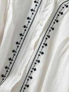 Blusa holgada de estilo bohemio con bordados vintage para mujer de talla grande, top de algodón semitransparente casual para primavera y otoño, blusa blanca - Blanco - Ver 5