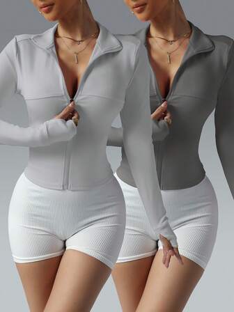 FWH Conjunto de ropa deportiva para mujer de ajuste ceñido, con cremallera, elástico, control de abdomen, estilo minimalista y elegante - Combo de alto valor, paneles de contraste, de correr a usar en la calle, ajustado y sexy, chaqueta de yoga de manga larga de dos piezas