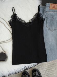 女士蕾丝吊带背心，V领蕾丝拼接针织上衣，适合返校季穿着 - 黑色 - 查看 5