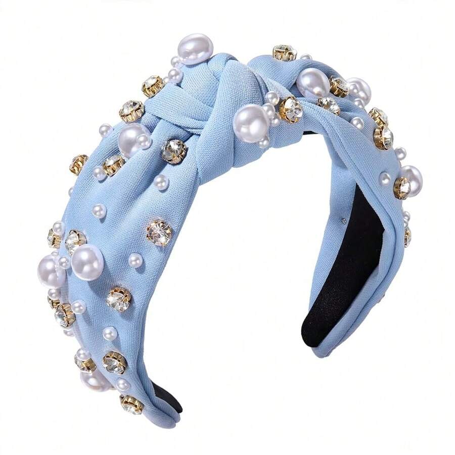 Pearl Knotted Headband For Women White Pearl Rhinestone Crystal Jeweled Embellished Hairband Fashion Elegant Ladies Wide Top Knot Bride Boho Head Band Headpieces Bachelorette Party Hair Accessories - 淺藍色結髮帶 - 查看 1