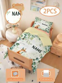 2件套100%涤纶定制狐狸与绿色植物主题床上用品套装，双面印花（1个单面印花枕套+1个双面印花被套），适用于幼儿园/托儿所，数码印花可爱图案被套，儿童被套和枕套，适合幼儿、婴儿、幼儿、儿童（枕套尺寸为90*200/135*200，实际尺寸为50*75）。 - 彩色 - 查看 3