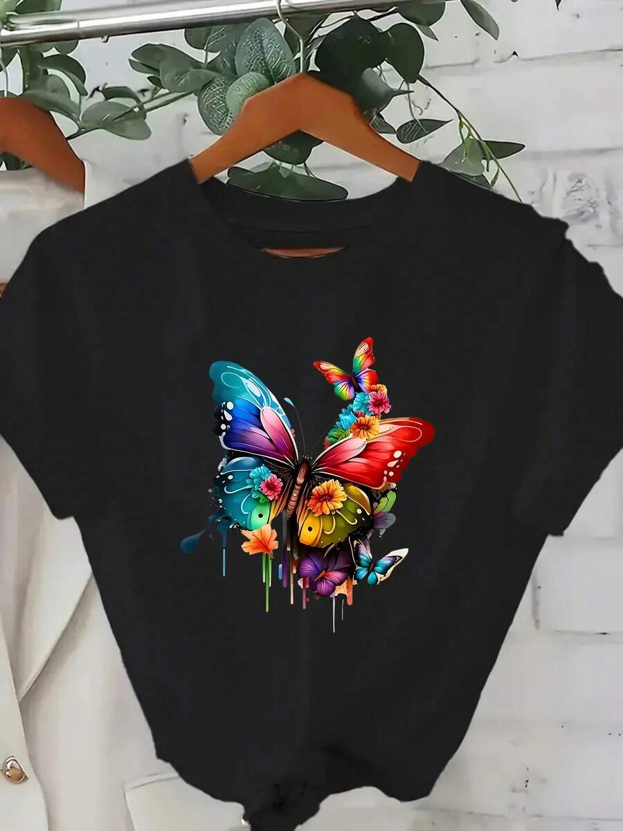 Ladies' 220g pure cotton T-shirt with colorful butterfly pattern printed, floral style, soft and breathable in autumn, moisture wicking, Halloween is coming strong, popular and trendy T-shirt recently, suitable for casual wear, the best gift choice - Negro - Ver 1