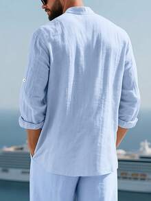 1pc Men's Breathable Linen Button-Down Shirt, Convertible Sleeve Design, Size XS - XXXL, Suitable For Daily Wear, Beach Travel, Outdoor Cafe, Weekend Hiking & Casual Workday, For Fall - Baby Blue - View 4
