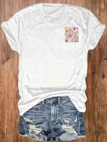 Women's T-shirt in plus size with "floral" double-sided printing, 220g pure cotton white T-shirt, slightly elastic short sleeved, suitable for Halloween party wear and autumn casual wear - Blanco - Ver 3
