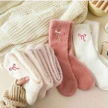5 Pairs Of Women's Plush Bow Mid-Calf Socks Winter Fleece-Lined Thick Warm Sleep Socks Pink Set
