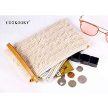 COOKOOKY Womens Straw Clutch Bag Bohemian Summer Beach Straw Purse Zipper Wristlet Wallets For Women{"Color_name":"Beige-White"}