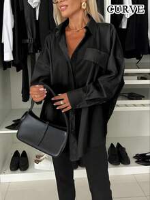 Plus Spring Women's Solid Color Casual Shirt Blouse Tops - Black - View 1