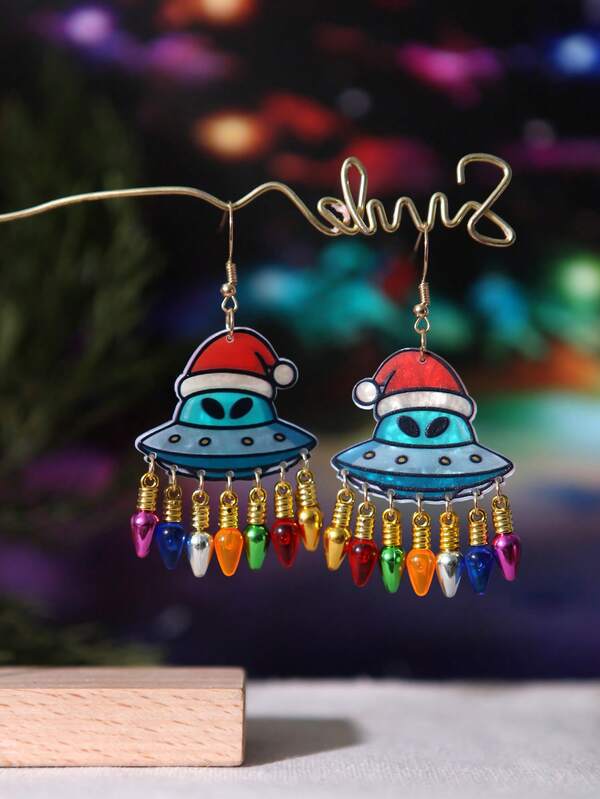 Orecchini divertenti e unici a tema UFO e alieni (con cappello da Babbo Natale, luci LED colorate, in resina acrilica) - adatti per essere indossati a feste natalizie - gioielli natalizi in stile festivo - accessori natalizi divertenti e fantasiosi - orecchini natalizi - regalo di Natale ideale per gli amanti degli alieni - gioielli natalizi carini e creativi - regalo divertente per gli appassionati di Natale