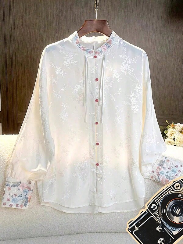 LUCIDVUE 1pc New Chinese Style Women's Shirt, Autumn Chinese Retro Mandarin Collar, Embroidery, Satin, Pearl Button, Long Sleeve Top, Lightweight Improved Hanfu Blouse