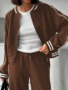 2pcs Women's Fashion Activewear Set, Baseball Collar Zipper Pocket Long Sleeve Top And High Waisted Drawstring Wide Leg Pants, Spring - Coffee Brown - View 6