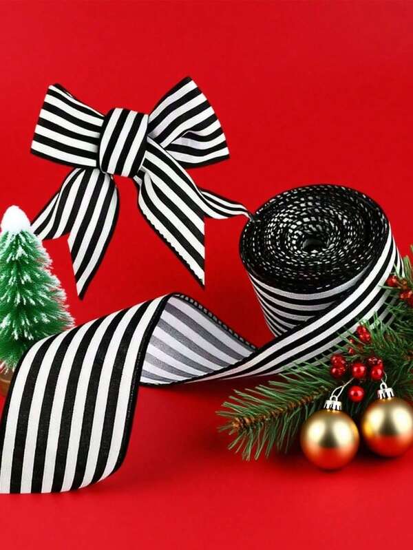 1/2Roll 5m Christmas Striped Ribbon,Striped Metallic Edge Satin Ribbon, Polyester Fabric Craft Ribbon For Christmas Gift Wrapping And Decorations And Crafting, Soft To Touch, Easy To Shape Christmas,Wreath Decor Christmas Tree Bow Ribbon, Gift Packaging Accessories, Diy Wreath, Handcraft Supplies, Valentine's Day Wedding Ribbon, For Gift Wrapping, Wreath Making, Holiday Decoration, Flower Arrangement, Bows