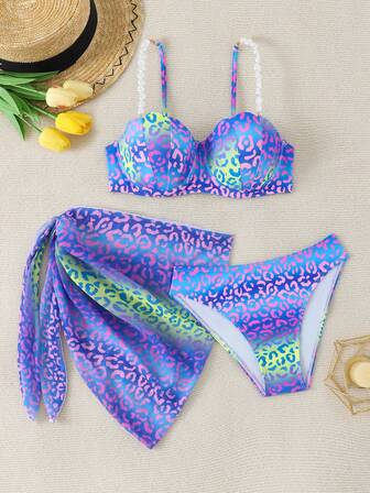 女士三件套比基尼泳装套装，海滩度假泳装