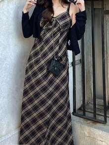 Tartan Plaid Cami Dress Without Cardigan - Black - View 2