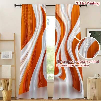 2 piezas/Set Cortinas modernas abstractas a rayas naranjas impresas en 2D, esenciales para decorar la sala de estar y el comedor en estilo rústico o de granja (cortinas sin capas)