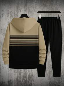 男士商务休闲抽绳连帽运动衫和裤子套装，秋季服装 - 彩色 - 查看 3