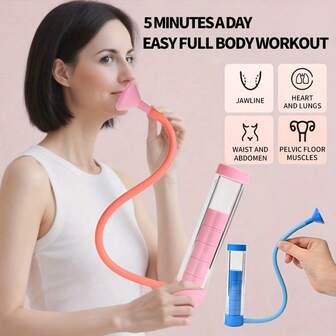 Haltère de respiration portatif, entraîneur de respiration profonde - Exerciseur de capacité pulmonaire, renforçateur de muscles abdominaux, appareil de raffermissement du visage, équipement d'entraînement du tronc, réglable sur 5 niveaux, bleu - rose, équipement de fitness à domicile