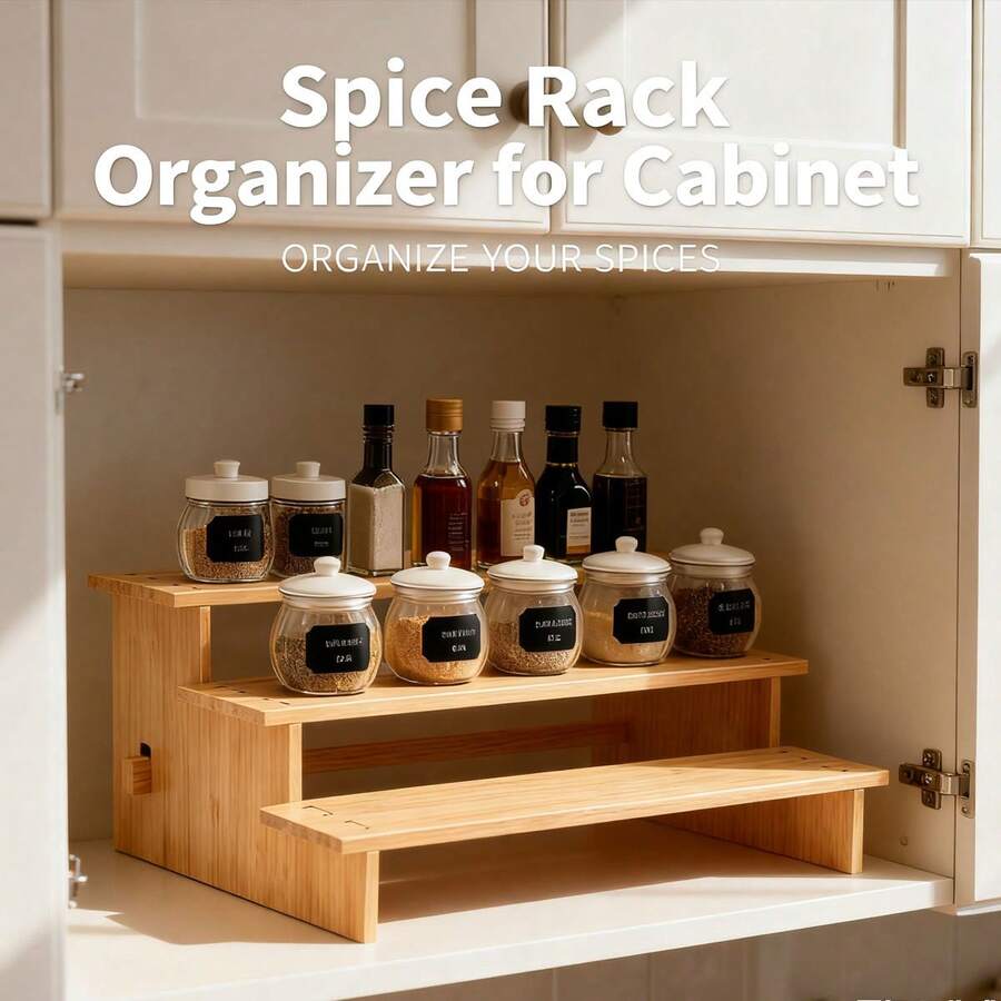 3-Tier Bamboo Spice Rack - Ideal For Kitchen Cabinet & Countertop, Organize Spices Neatly And Save Space,Bamboo Spice Organizer, 3-Tier Design - Keep Kitchen Seasonings In Order, Perfect For Small Kitchens - Màu gỗ - Xem 1