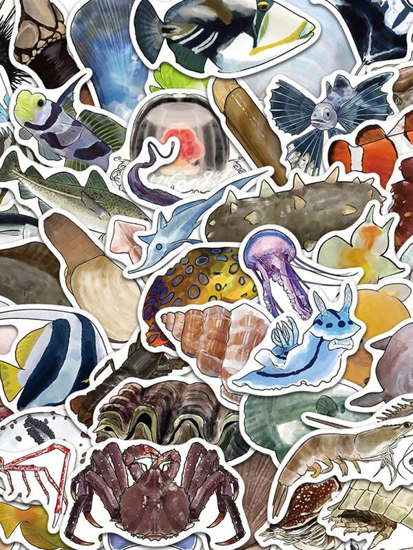Set de 50 pegatinas divertidas de organismos marinos y conchas de estilo de dibujos animados, calcomanías decorativas DIY para portátil, botella de agua, guitarra, teléfono, papelería, equipaje, cuaderno