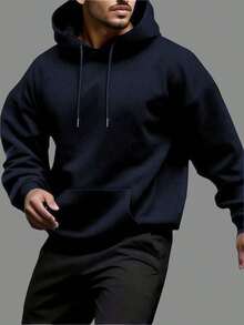 Men's Solid Color Long Sleeve Casual Drawstring Hooded Sweatshirt With Pockets-Autumn/Winter NEW Arrival:Long-Sleeve Hooded Sweatshirt FOR Men AND Women - 藏蓝色 - 查看 1
