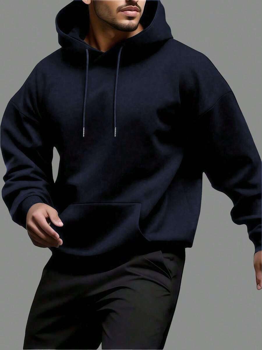 Men's Solid Color Long Sleeve Casual Drawstring Hooded Sweatshirt With Pockets-Autumn/Winter NEW Arrival:Long-Sleeve Hooded Sweatshirt FOR Men AND Women - 藏蓝色 - 查看 1